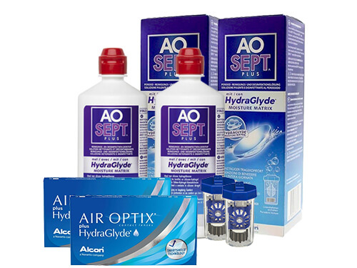 Lentes de Contato Air Optix Plus HydraGlyde + Aosept Plus HydraGlyde - Packs