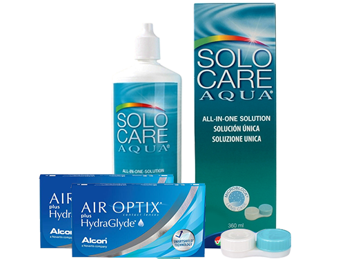 Lentes de Contato Air Optix Plus HydraGlyde + Solo Care Aqua - Packs