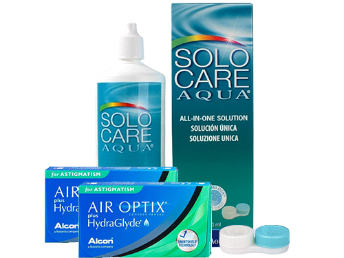 Lentes de Contato Air Optix Plus HydraGlyde for Astigmatism + Solo Care Aqua - Packs