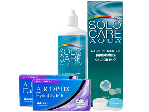 Lentes de Contato Air Optix Plus HydraGlyde Multifocal + Solo Care Aqua - Packs