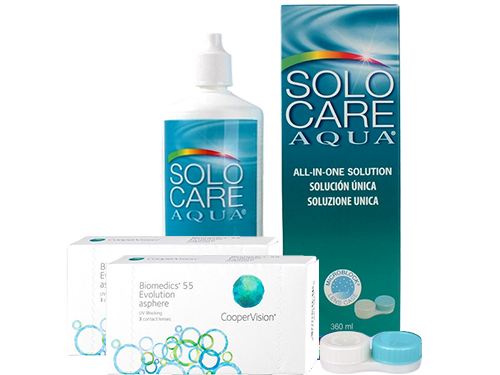 Lentes de Contato Biomedics 55 Evolution + Solo Care Aqua - Packs